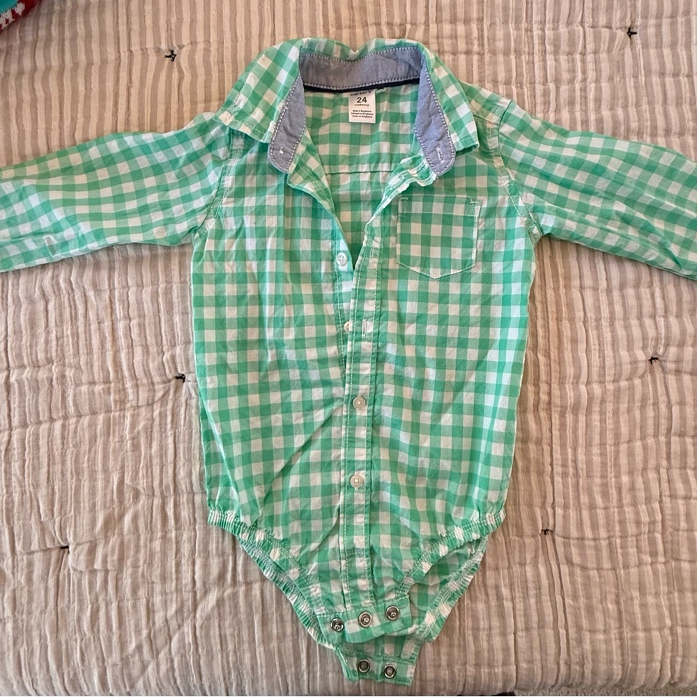 Carter's Green Checkered Button-Down Onesie